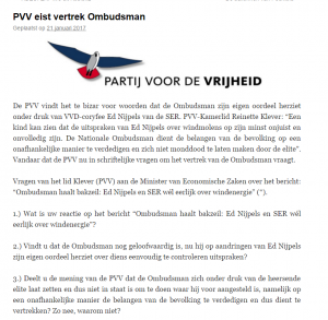 PVV eist vertrek ombudsman